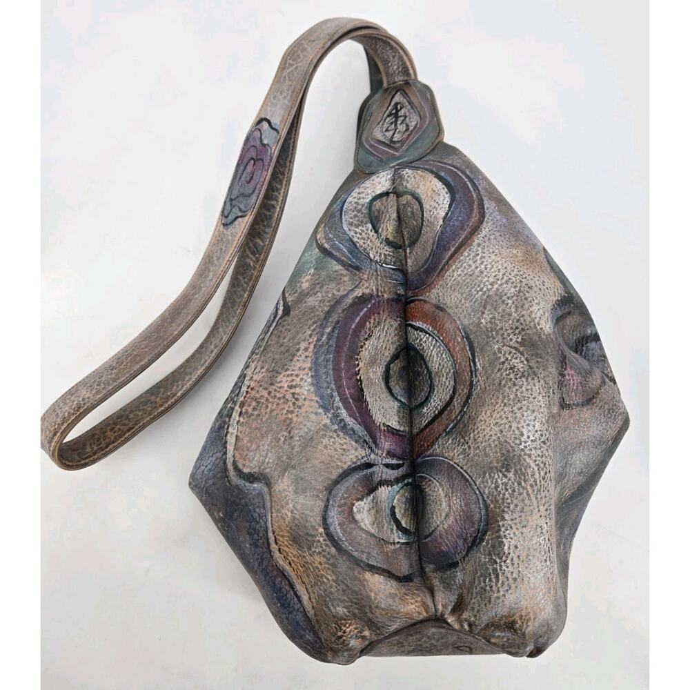Jane Yoo Vintage Wearable Art Hand Painted Leather Crossbody Bucket Bag Purse - Picture 6 of 16